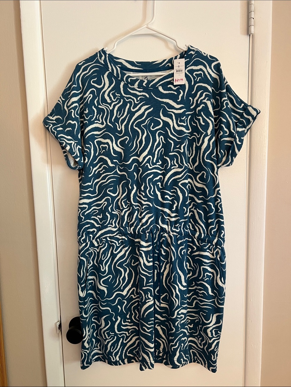 NWT, Teal & White Abstract Print Short Sleeve Lou & Grey Dress, Size XL